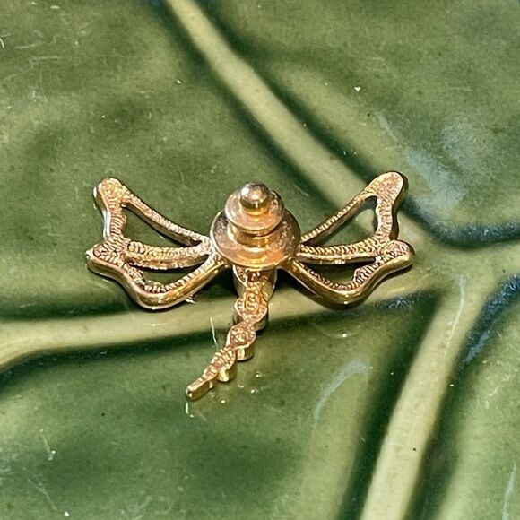 Vintage Gold Dragonfly Brooch Pin with Rhinestone - Picture 2 of 4
